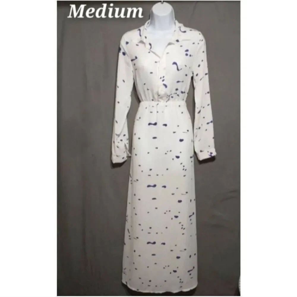 VINTAGE Womens Size Medium White/Purple Sheer Maxi Roll Tab Sleeve Dress